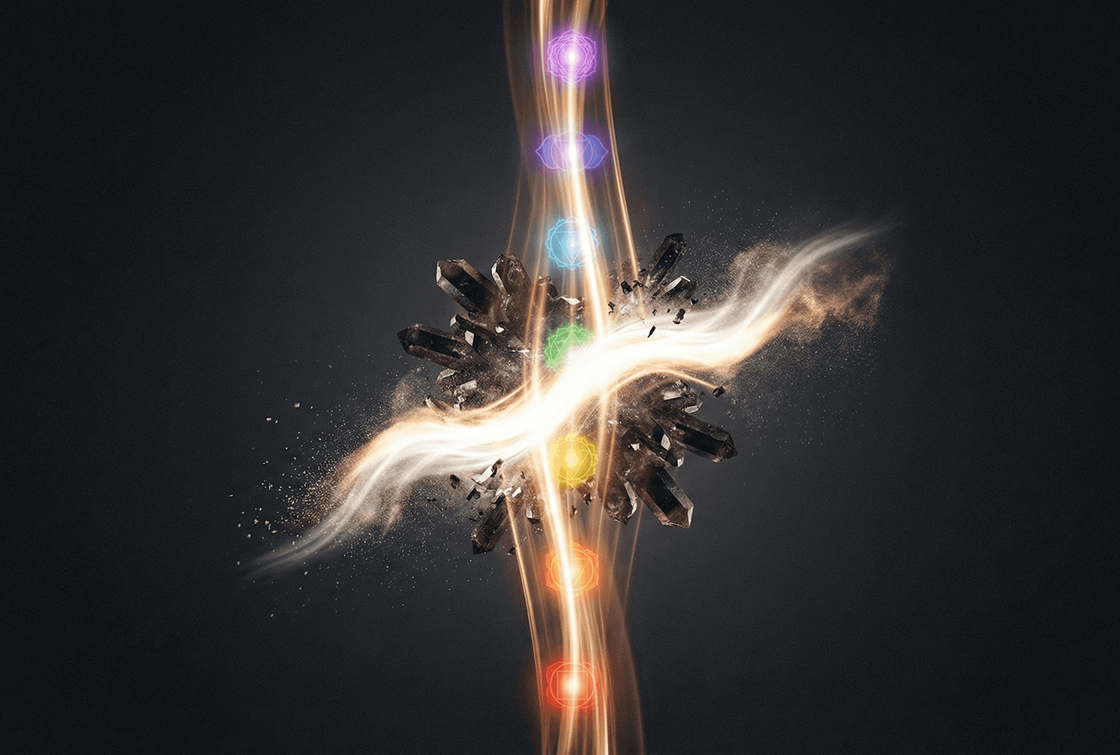 Représentation du protocole de reset énergétique : dissolution des nœuds de stress et réalignement global des chakras.